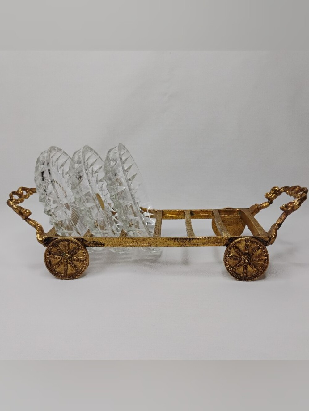 Vintage Bohemia Glass Czechoslovakian Crystal Coasters Set With Gold Plated Cart - Picture 4 of 16